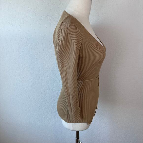 Vintage 90s Y2K Beige Wrap Top Size PS V Neck Ribbed 3/4 Sleeve - Picture 6 of 11